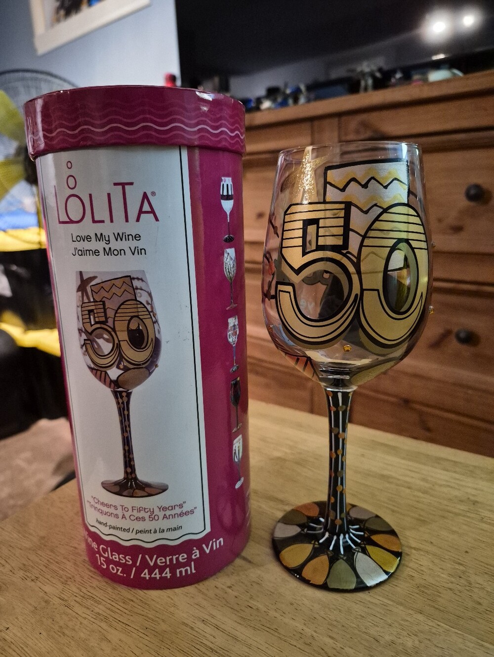 Lolita Hand-Painted 50th Birthday Wine Glass 15 oz Gold Black